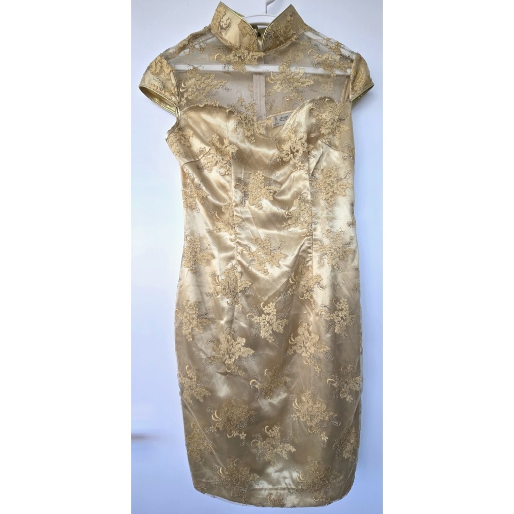 Traditional Asian Qipao Style Chinese Floral Dress Yellow Mesh Sheer Emboidery